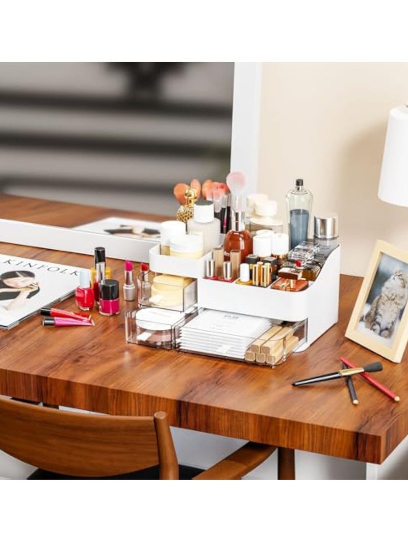 YelaJoy منظم مكياج مع درج، منظم تخزين مستحضرات التجميل بسعة كبيرة ومنظم درج المكياج مناسب لحمام، سطح الطاولة وخزانة الملابس، منظم العناية بالبشرة الأبيض لمنتجات العناية بالجمال - Image 4