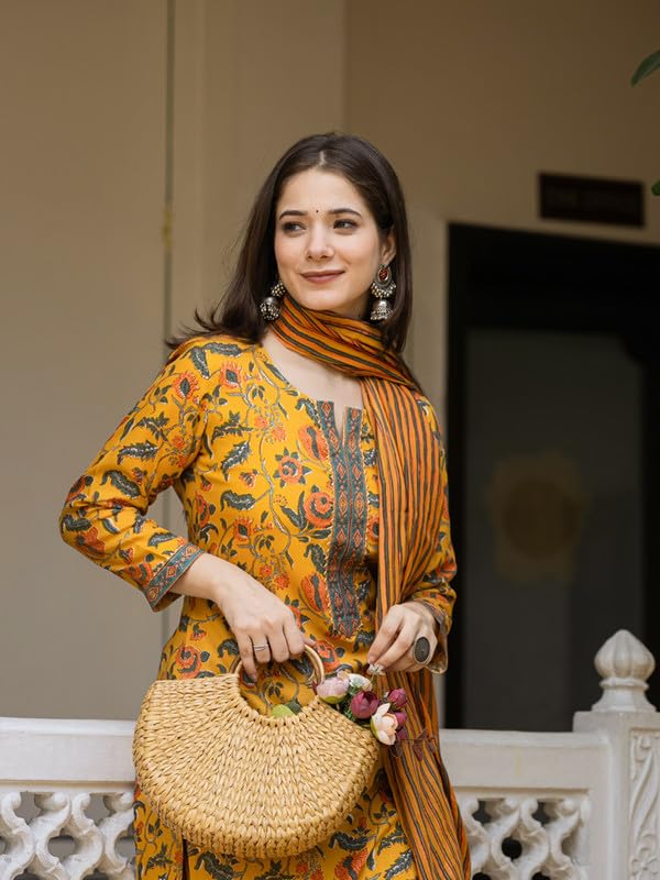 Vaamsi Women's Floral Straight Printed Kurta Pant With Dupatta Set (VKSKD2256_XS_Yellow) - Image 2