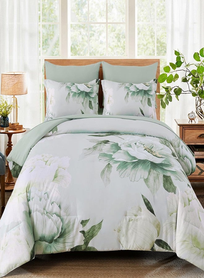 Dobuyly Floral Comforter Set Queen 7 Piece Bed in a Bag, Sage Green Reversible Comforter Set with Sheets, Soft Microfiber Botanical Flowers Summer Bedding Set for All Season - Image 1