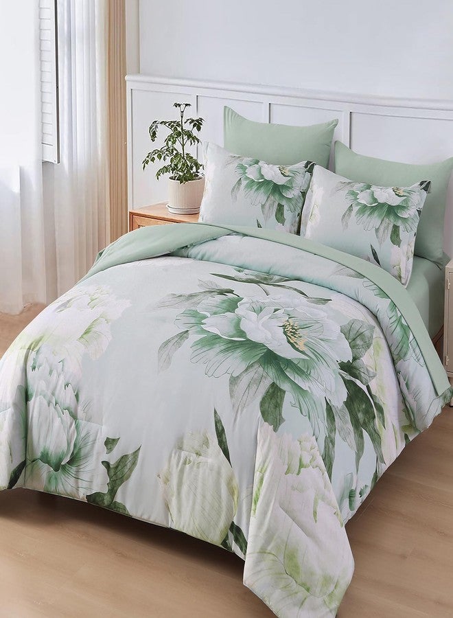 Dobuyly Floral Comforter Set Queen 7 Piece Bed in a Bag, Sage Green Reversible Comforter Set with Sheets, Soft Microfiber Botanical Flowers Summer Bedding Set for All Season - Image 2