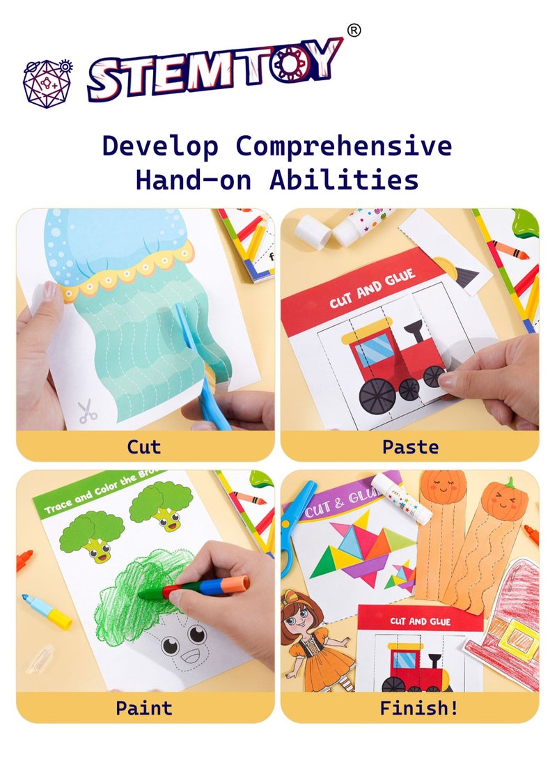 STEMTOY Paper Cutting, Gluing & Painting Complete Set with Activity Booklet, Scissors, Glue, Colored Crayon, DIY Handmade Puzzle, Montessori Early Learning Educational Toy for Kindergarten & Preschool Kids, Boys, Girls, Ages 3+ (Comprehensive Craft Kit) - Image 3