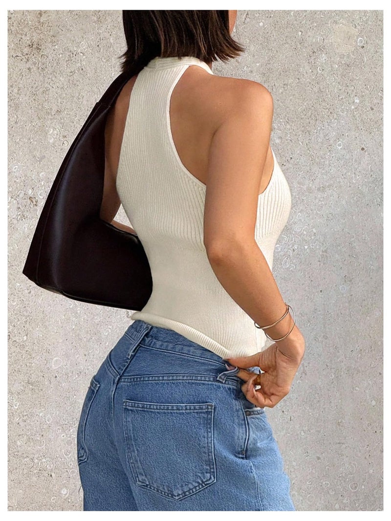 Verdusa Women's Sexy Ribbed Halter Tops Sleeveless Cropped Going Out Tops for Date Night Apricot Medium - Image 2