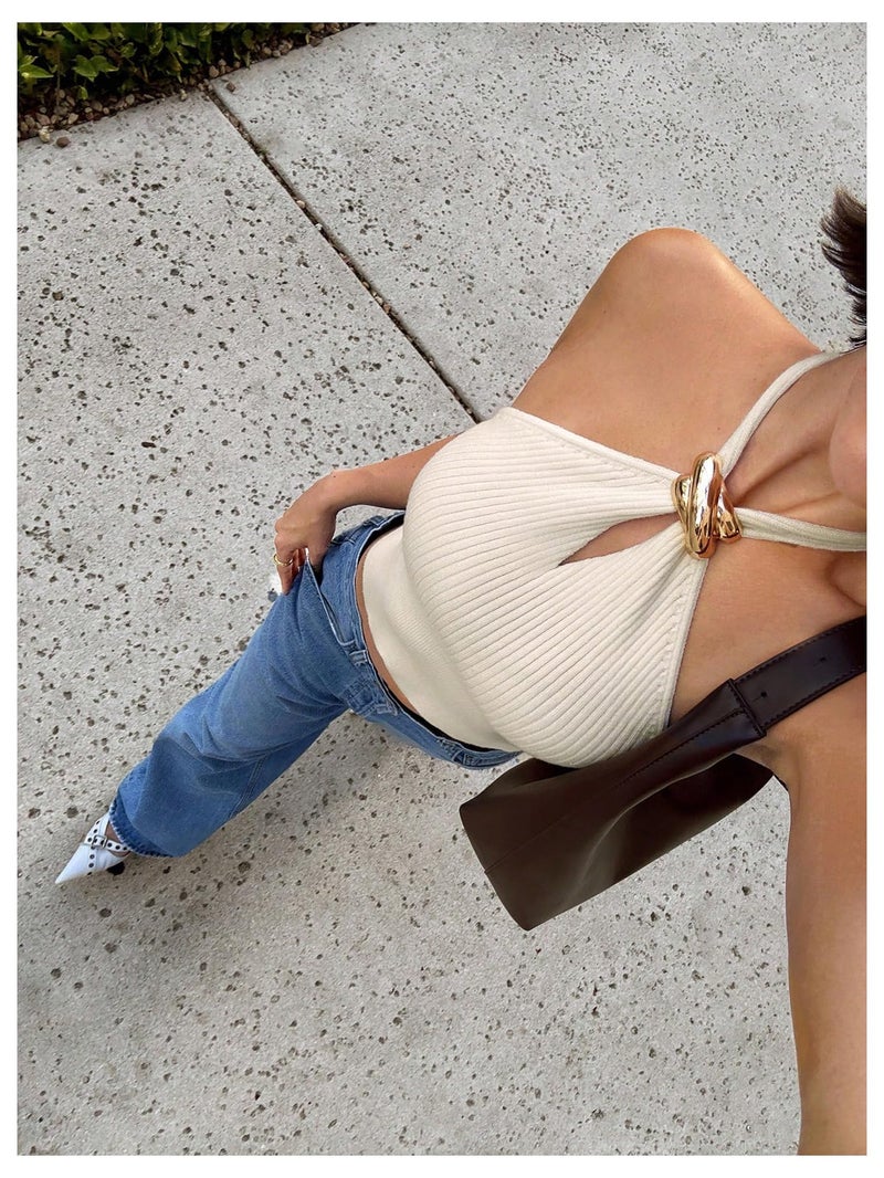 Verdusa Women's Sexy Ribbed Halter Tops Sleeveless Cropped Going Out Tops for Date Night Apricot Medium - Image 4