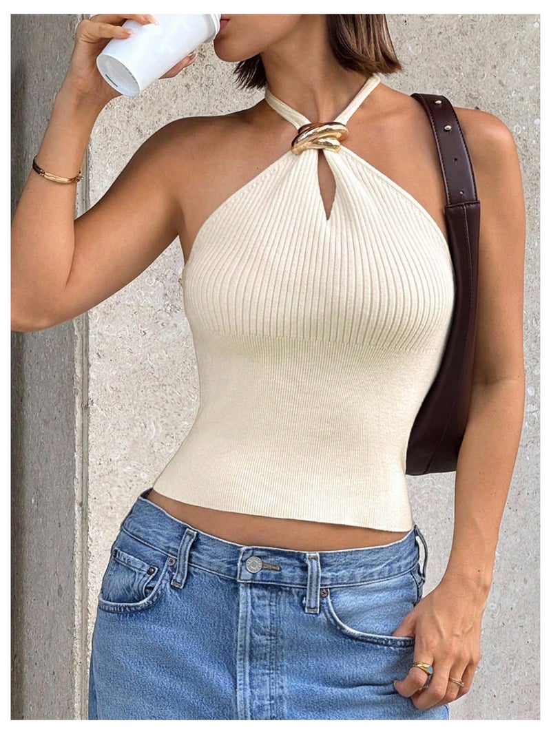 Verdusa Women's Sexy Ribbed Halter Tops Sleeveless Cropped Going Out Tops for Date Night Apricot Medium - Image 3