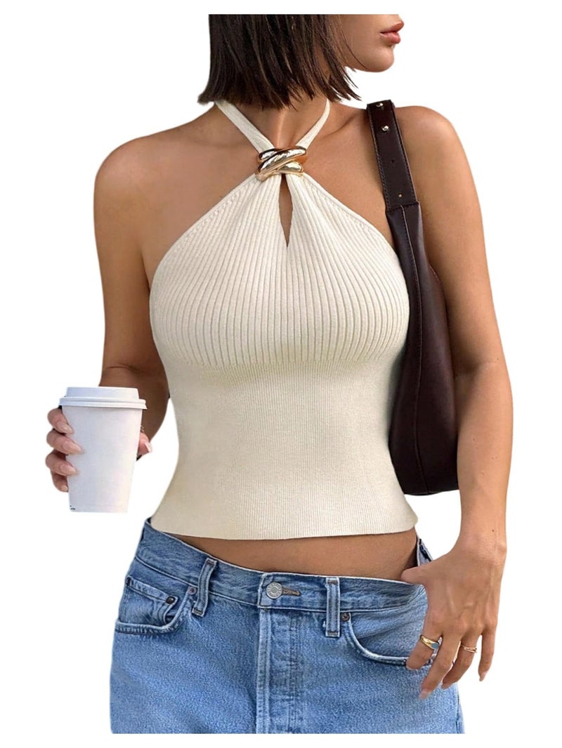 Verdusa Women's Sexy Ribbed Halter Tops Sleeveless Cropped Going Out Tops for Date Night Apricot Medium - Image 1