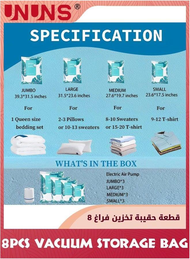 UNUNS 8 Pack Vacuum Storage Bags With Pump,(2jumbo,2large,2medium,2small) Sealed Bags,Vacuum For Comforters and Blankets,Bedding,Compression Seal Closet - Image 3