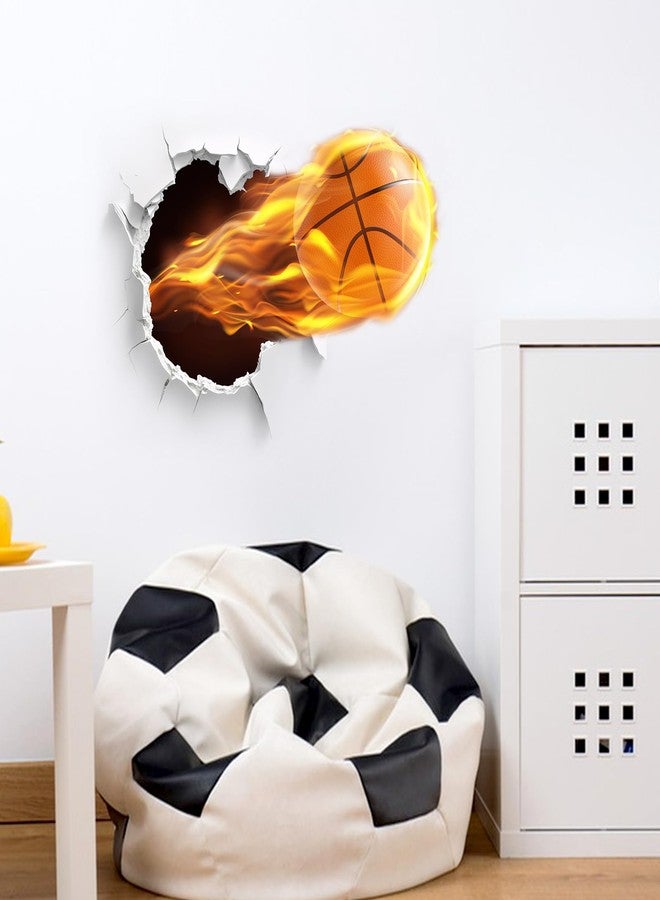 HOSTK Wall Art 3D Basketball Wall Sticker, Removable Cracked Wall Decor Murals, Flying Fire Basketball Peel and Stick Wall Decals for Basketball Fans Men Boys Kids Playroom Bedroom Sports Hall - Image 3