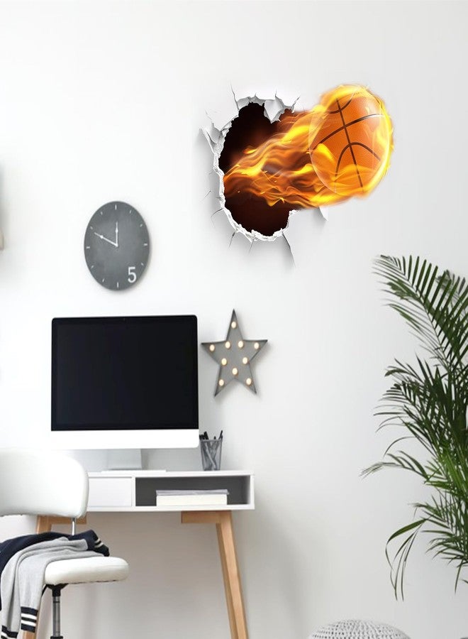 HOSTK Wall Art 3D Basketball Wall Sticker, Removable Cracked Wall Decor Murals, Flying Fire Basketball Peel and Stick Wall Decals for Basketball Fans Men Boys Kids Playroom Bedroom Sports Hall - Image 4