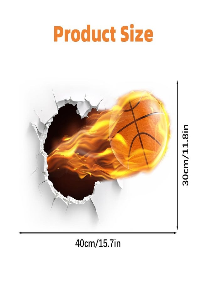 HOSTK Wall Art 3D Basketball Wall Sticker, Removable Cracked Wall Decor Murals, Flying Fire Basketball Peel and Stick Wall Decals for Basketball Fans Men Boys Kids Playroom Bedroom Sports Hall - Image 2