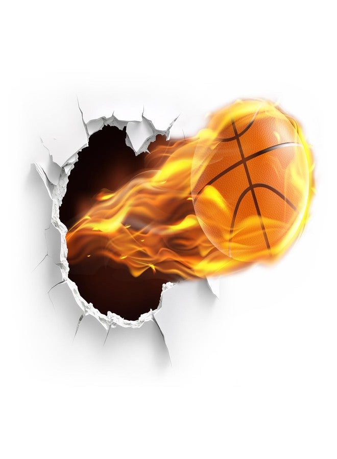 HOSTK Wall Art 3D Basketball Wall Sticker, Removable Cracked Wall Decor Murals, Flying Fire Basketball Peel and Stick Wall Decals for Basketball Fans Men Boys Kids Playroom Bedroom Sports Hall