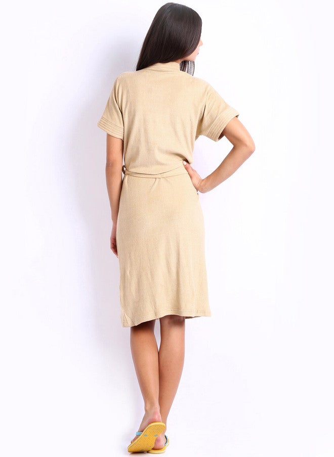 Red Rose RedRose Beige Solid Cotton Drawstring Knee Length Bath Robe - XL - Image 4