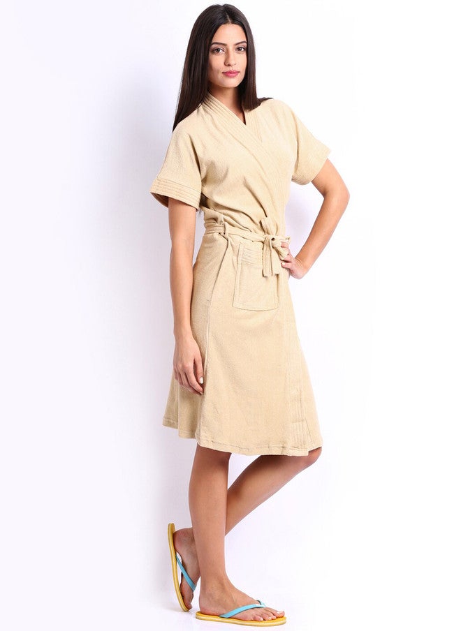Red Rose RedRose Beige Solid Cotton Drawstring Knee Length Bath Robe - XL - Image 3