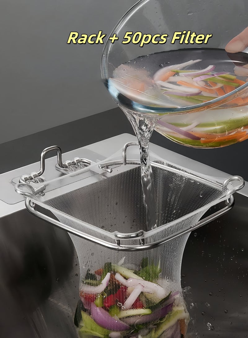Kitchen Sink Strainer Basket with 50 Net Bags – Stainless Steel Food Waste Catcher with Double-Sided Tape, No Drill Filter for Leftovers  - Image 1