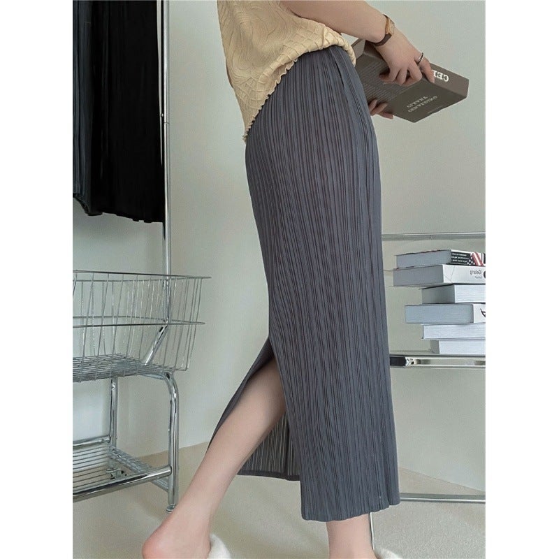 Miyake Pleated Skirt Woman 2024 Autumn Sweater Pair Mid-Length Slit Straight Skirt Rose Skirt - Image 5