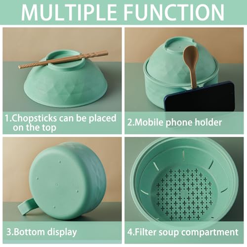 Romooa 1 Set Microwave Ramen Cooker 40oz Wheat Straw Microwave Noodle Bowl Set with Chopsticks, Spoon, Fork, College Dorm Office Apartment Essentials (Light Green) - Image 3