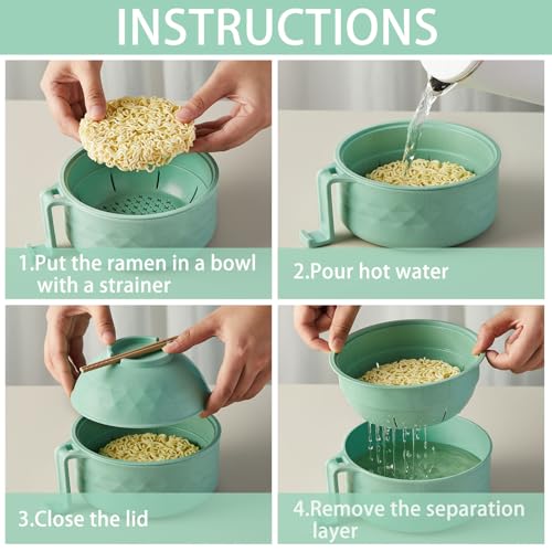 Romooa 1 Set Microwave Ramen Cooker 40oz Wheat Straw Microwave Noodle Bowl Set with Chopsticks, Spoon, Fork, College Dorm Office Apartment Essentials (Light Green) - Image 4