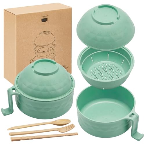 Romooa 1 Set Microwave Ramen Cooker 40oz Wheat Straw Microwave Noodle Bowl Set with Chopsticks, Spoon, Fork, College Dorm Office Apartment Essentials (Light Green) - Image 1