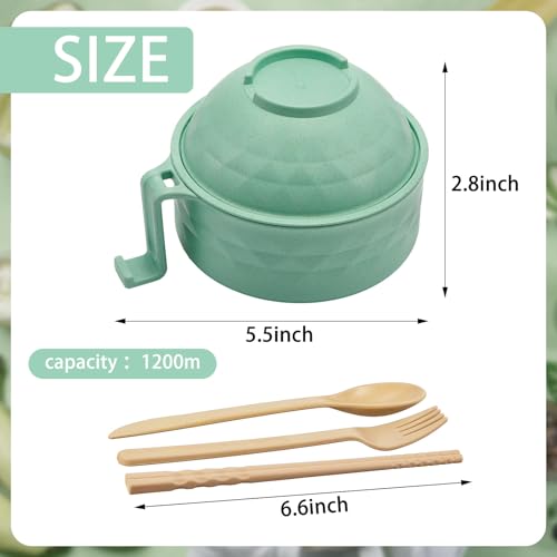 Romooa 1 Set Microwave Ramen Cooker 40oz Wheat Straw Microwave Noodle Bowl Set with Chopsticks, Spoon, Fork, College Dorm Office Apartment Essentials (Light Green) - Image 2