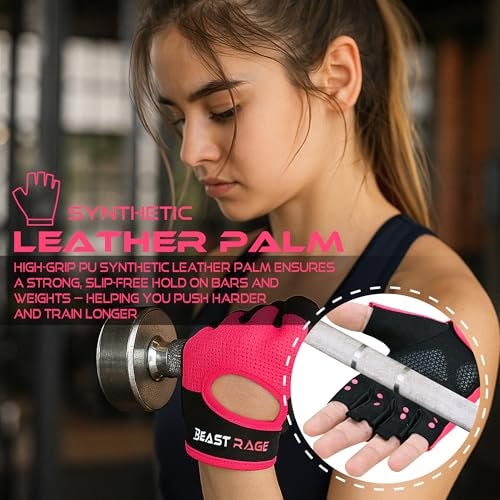 BEAST RAGE Workout Gloves for Men Gym Gloves for Weightlifting Women Fingerless with Palm Protection Padding, Breathable and Lightweight Weight Lifting Glove Cycling Pull Up (Magenta, M) - Image 3