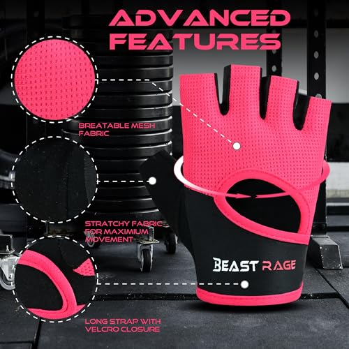 BEAST RAGE Workout Gloves for Men Gym Gloves for Weightlifting Women Fingerless with Palm Protection Padding, Breathable and Lightweight Weight Lifting Glove Cycling Pull Up (Magenta, M) - Image 4