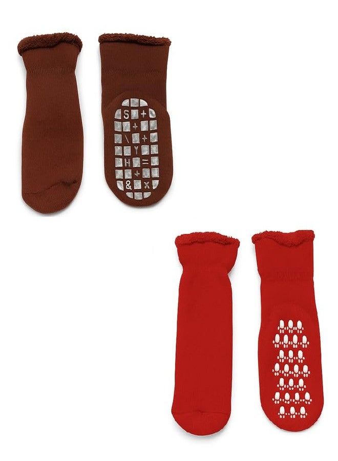 MIKONIKO 2 Pairs Baby Boys Girls Woolen Socks - Winter Warm Anti Slip Grip Socks for Infants 6-12 Months (Brown | Red) - Image 1