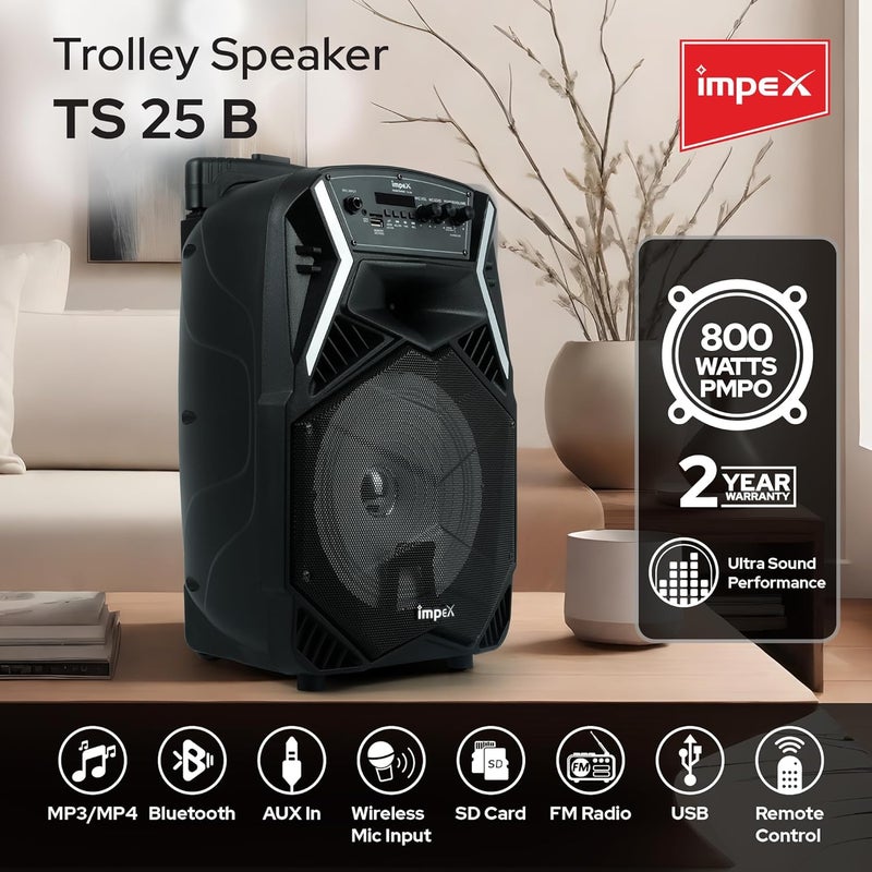 Impex Ts 25B 800 Watts(PMPO) Multimedia Portable Trolley Speaker With USb/Sd/Tf/Fm Radio/Aux/Remote/Bluetooth/Wireless Mic & Dj Led Light Function (Black) - Image 2
