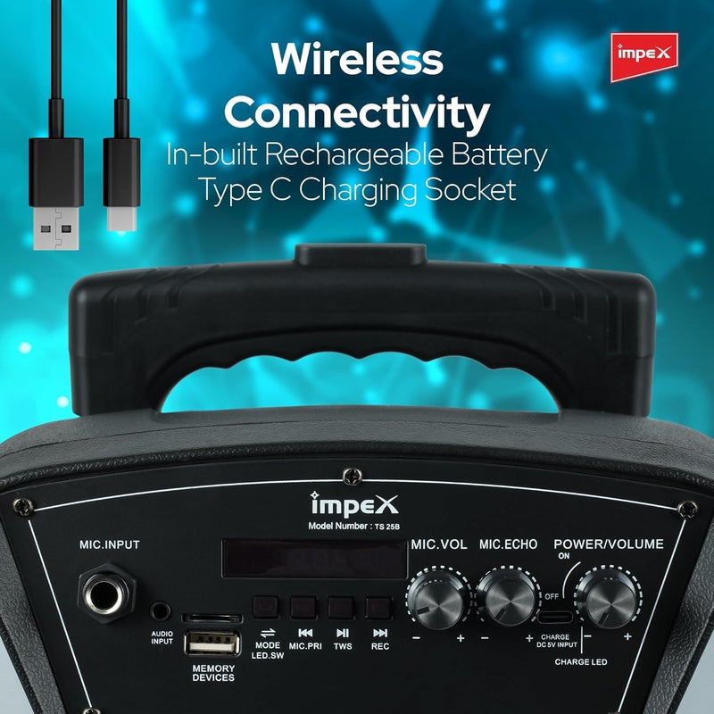 Impex Ts 25B 800 Watts(PMPO) Multimedia Portable Trolley Speaker With USb/Sd/Tf/Fm Radio/Aux/Remote/Bluetooth/Wireless Mic & Dj Led Light Function (Black) - Image 4