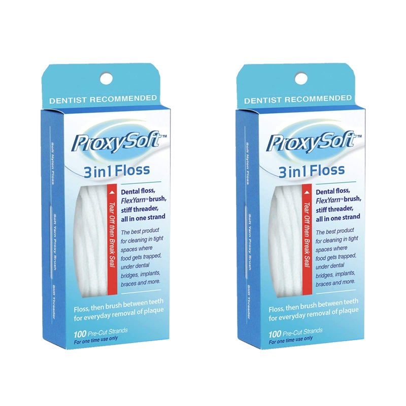 ProxySoft 3in1 Dental Floss for Optimal Teeth Flossing 2 Packs PreCut Ortho Floss Threaders for Braces Tight Spaces Bridges Implants with Builtin Soft Proxy Brush and Stiff Threader Flosser - Image 1