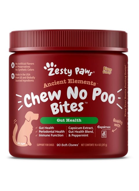 Chew No Poo Bites For Dogs  Stool Eating Deterrent Soft Chews For Dogs  Gut, Periodontal & Immune System Support  Premium De111 Bacillus Subtilis Probiotic  Ae Bison  90 Count