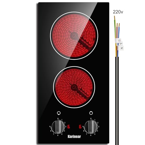 Karinear 2 Burner Electric Cooktop 12 Inch Built-in Electric Stove Top, 220v- 240v Radiant Cooktop with Residual Heat Indicator, Knob Control, Over-Temperature Protection, Hard Wire(No Plug) - Image 1