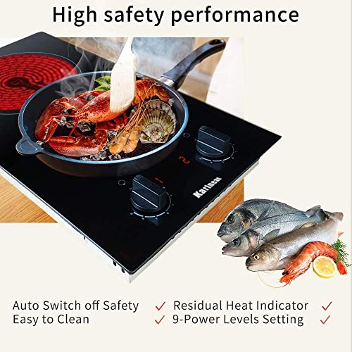 Karinear 2 Burner Electric Cooktop 12 Inch Built-in Electric Stove Top, 220v- 240v Radiant Cooktop with Residual Heat Indicator, Knob Control, Over-Temperature Protection, Hard Wire(No Plug) - Image 4