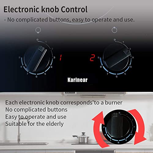 Karinear 2 Burner Electric Cooktop 12 Inch Built-in Electric Stove Top, 220v- 240v Radiant Cooktop with Residual Heat Indicator, Knob Control, Over-Temperature Protection, Hard Wire(No Plug) - Image 3
