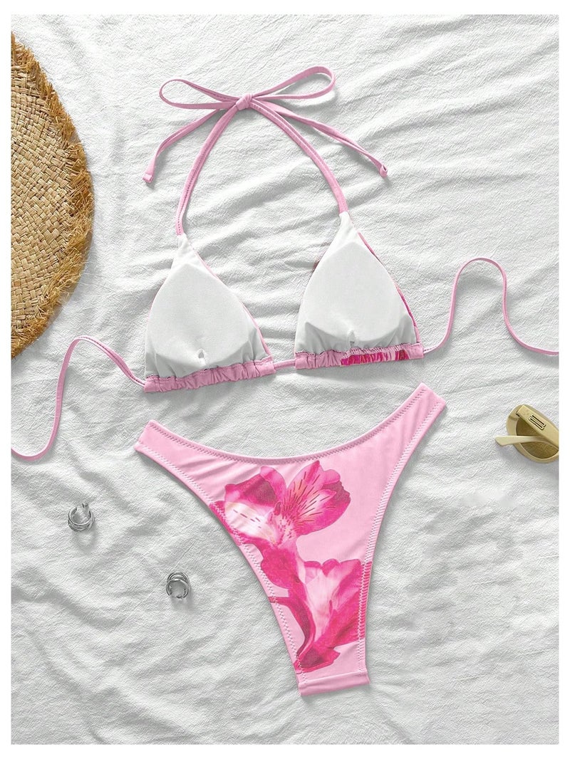 MakeMeChic Women's Polka Dots Triangle Thong Bikini Sets Floral Cute Bathing Suit Swimsuits Pink Medium - Image 4