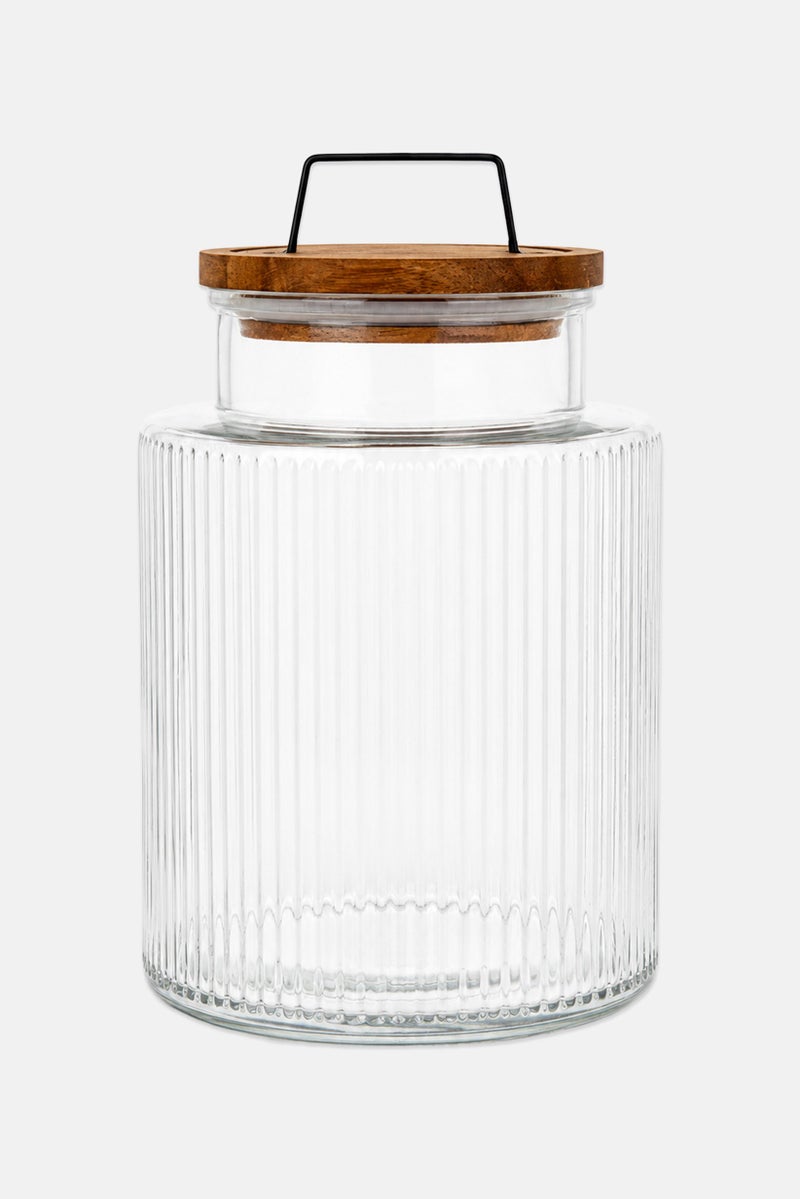 Bombay Fluted Glass Canister With Acacia Lid  Metal Handle, Transparent - Image 1