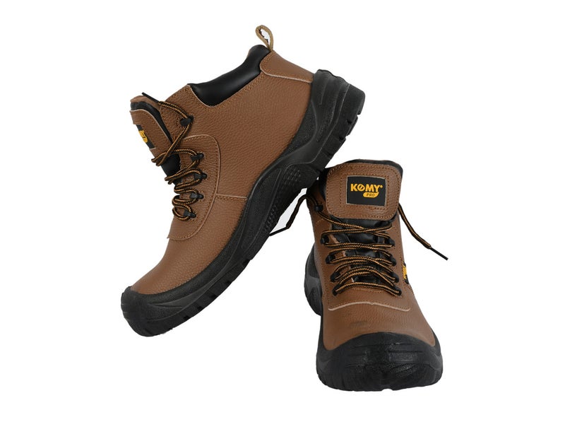 Komy Pro Series Premium  Engineer High Ankle Safety Shoes S3L SR Non Metalic, With Steel Toe Cap, Kevlar Midplate,  Antistatic EVA , PU Out Sole, Super Slip-Resistant , Breathable & Abrasion Resistant Mesh Lining & Brown Embossed Leather  - Model No: KMS240M - Image 1