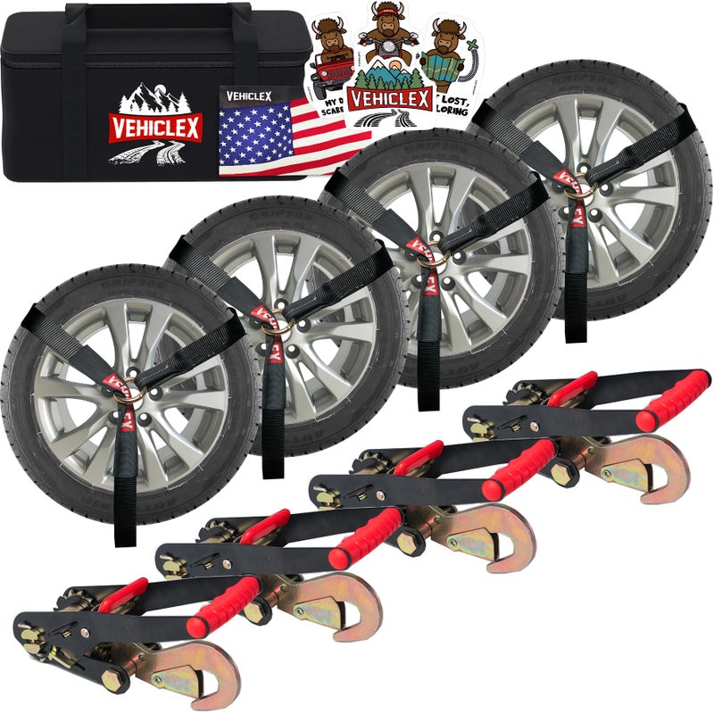Vehiclex Lasso Tie Down Straps with Snap Hooks 4 Pack 2 x 10 Ratchet Straps 11023 lbs BS Wheel Tie Downs for Trailers