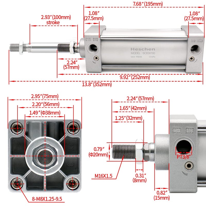 Heschen Pneumatic Standard Air Cylinder, SC 63-100, PT3/8'' Port, 63mm Bore, 100mm Stroke, Screwed Piston Rod Dual Action for Machinery Industry - Image 2