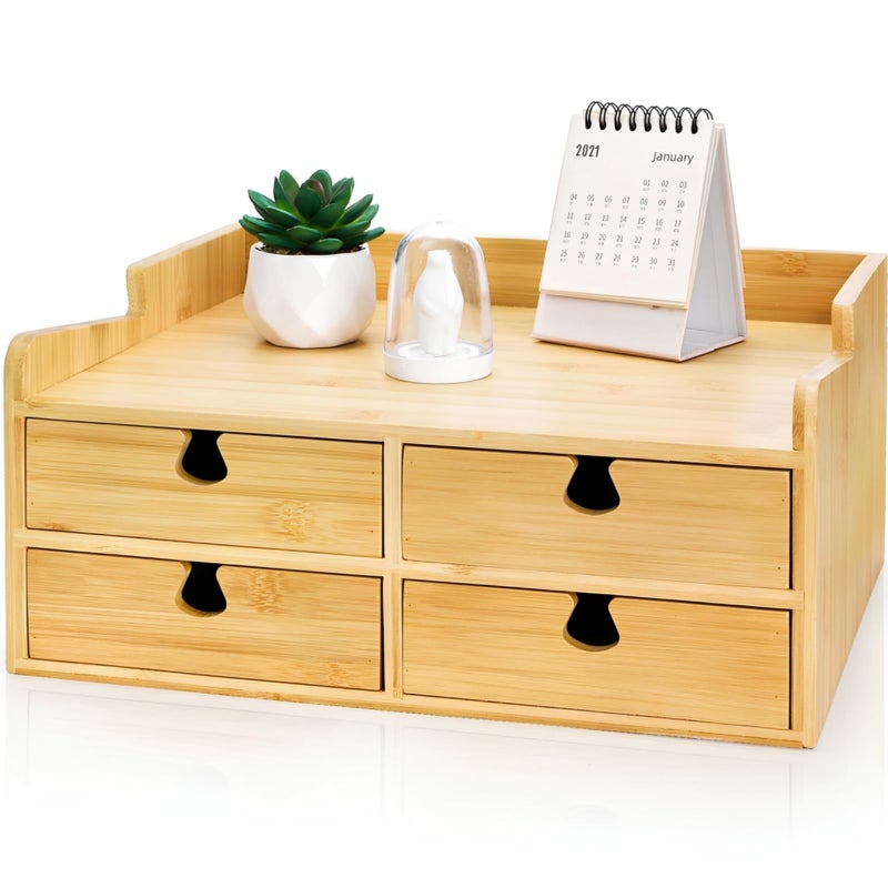 Eorbow منظم مكتب من الخيزران من إيوربو مع أدراج، أدراج صغيرة بثلاثة مستويات لسطح الطاولة، حاويات تخزين صغيرة للطاولة مع وسادات مضادة للخدش لمستلزمات المكتب المنزلي ومستحضرات التجميل، لا يتطلب تجميعًا - Image 1