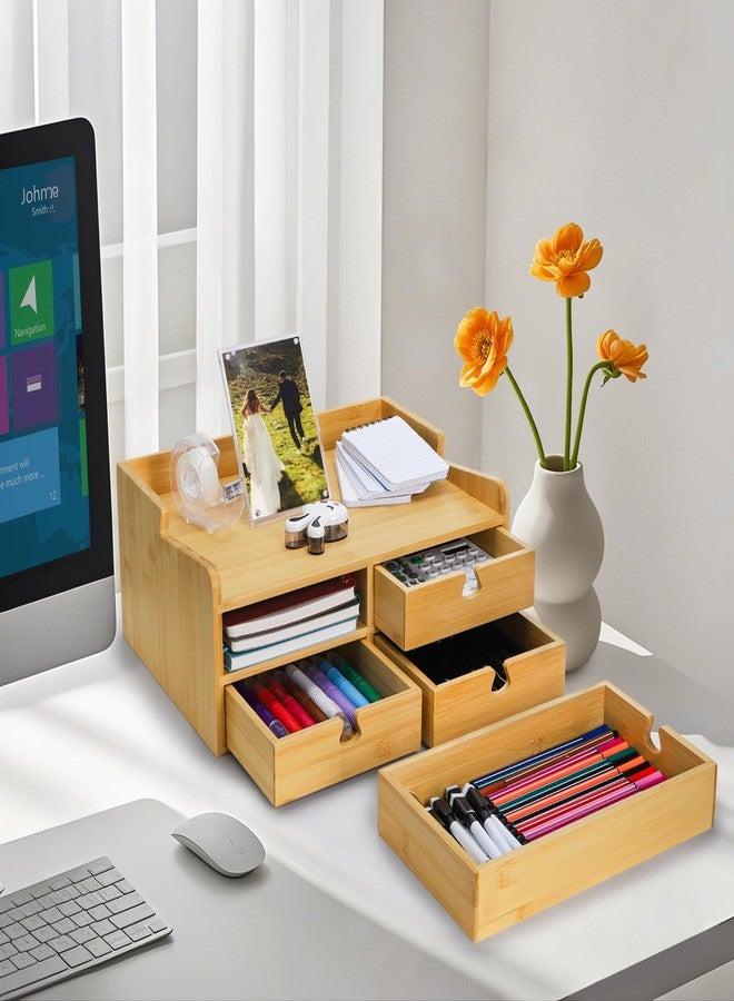 Eorbow منظم مكتب من الخيزران من إيوربو مع أدراج، أدراج صغيرة بثلاثة مستويات لسطح الطاولة، حاويات تخزين صغيرة للطاولة مع وسادات مضادة للخدش لمستلزمات المكتب المنزلي ومستحضرات التجميل، لا يتطلب تجميعًا - Image 5