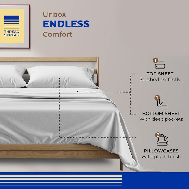 THREAD SPREAD 100% Egyptian Cotton Sheets Full Size - 800 Thread Count 4 Piece Deep Pocket Full Size Sheets Set, Silky Soft Cooling Sateen Weave Luxury Hotel Sheets, Fits Mattress Upto 18" - Silver - Image 3