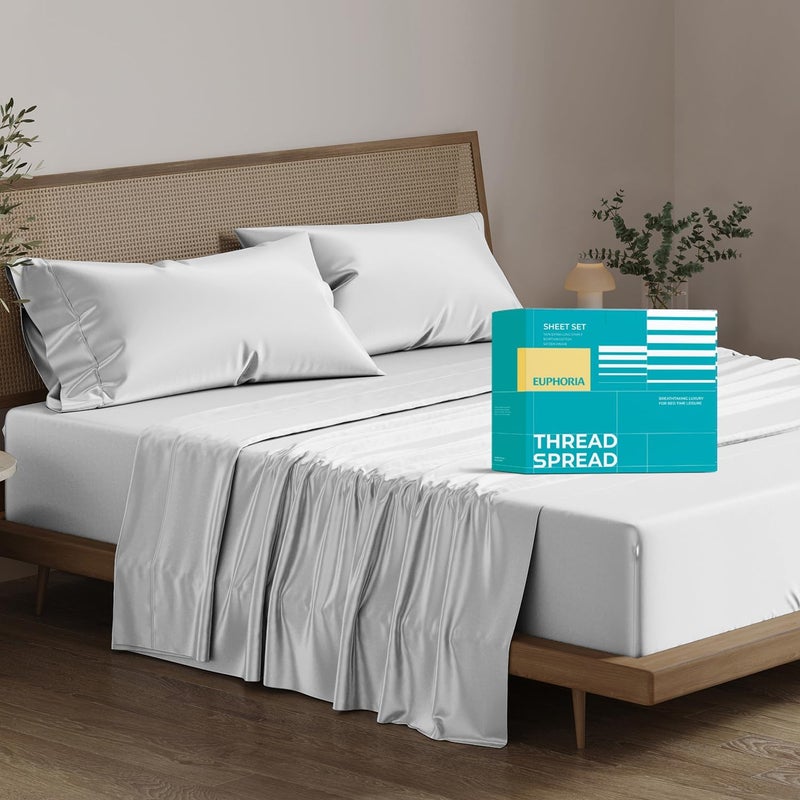 THREAD SPREAD 100% Egyptian Cotton Sheets Full Size - 800 Thread Count 4 Piece Deep Pocket Full Size Sheets Set, Silky Soft Cooling Sateen Weave Luxury Hotel Sheets, Fits Mattress Upto 18" - Silver - Image 1