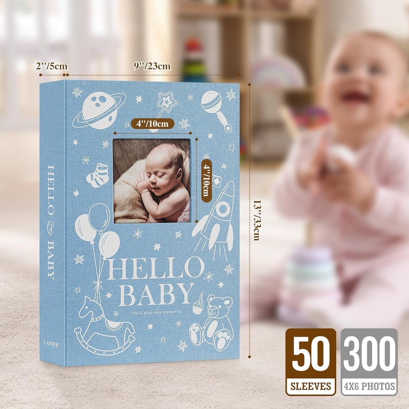 Lanpn Baby Photo Album 4x6 300 Pockets Linen Newborn Bebe Ultrasound Photo Album with Memo Writing Area Cover Photo Book Picture Album for kids Baby Boy Memory Book Keepsake Blue - Image 2