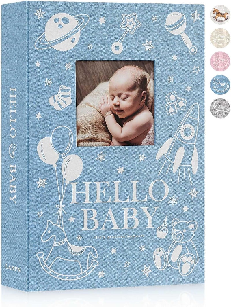 Lanpn Baby Photo Album 4x6 300 Pockets Linen Newborn Bebe Ultrasound Photo Album with Memo Writing Area Cover Photo Book Picture Album for kids Baby Boy Memory Book Keepsake Blue - Image 1
