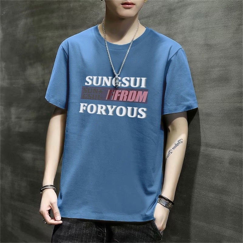 2024 Summer New Short-sleeved T-shirt Men's Loose Top Student's Simple Milk Silk Printed T-shirt Men's Round Neck