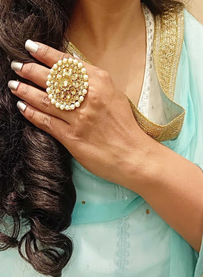 Efulgenz Indian Bollywood Traditional Wedding Bridal Round Faux Pearl Kundan Adjustable Big Ring Finger Jewelry for Women - Image 3