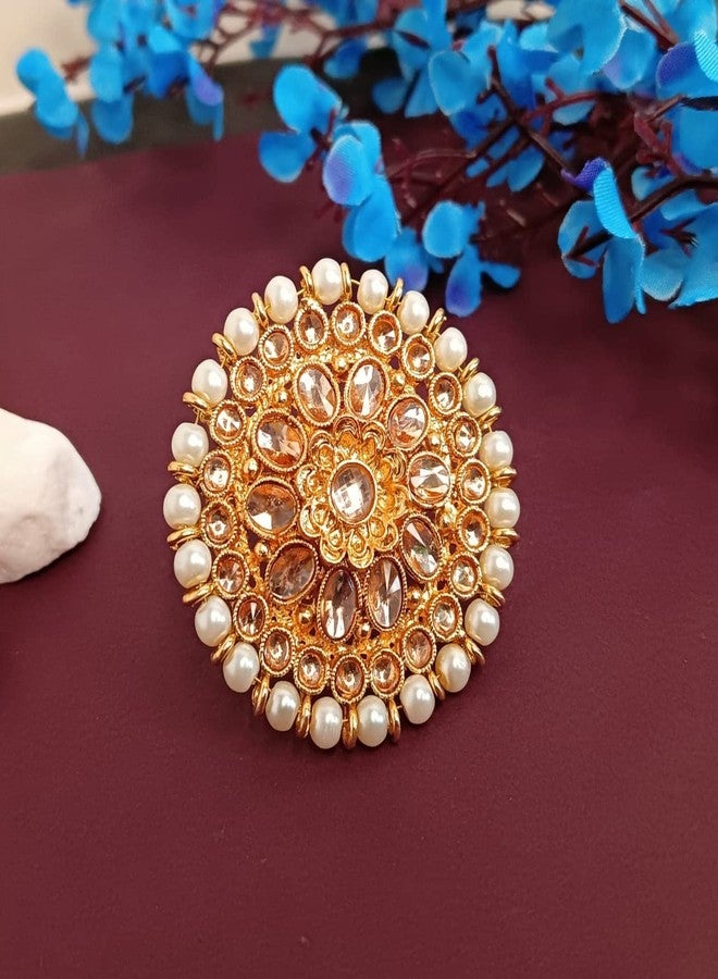 Efulgenz Indian Bollywood Traditional Wedding Bridal Round Faux Pearl Kundan Adjustable Big Ring Finger Jewelry for Women - Image 2