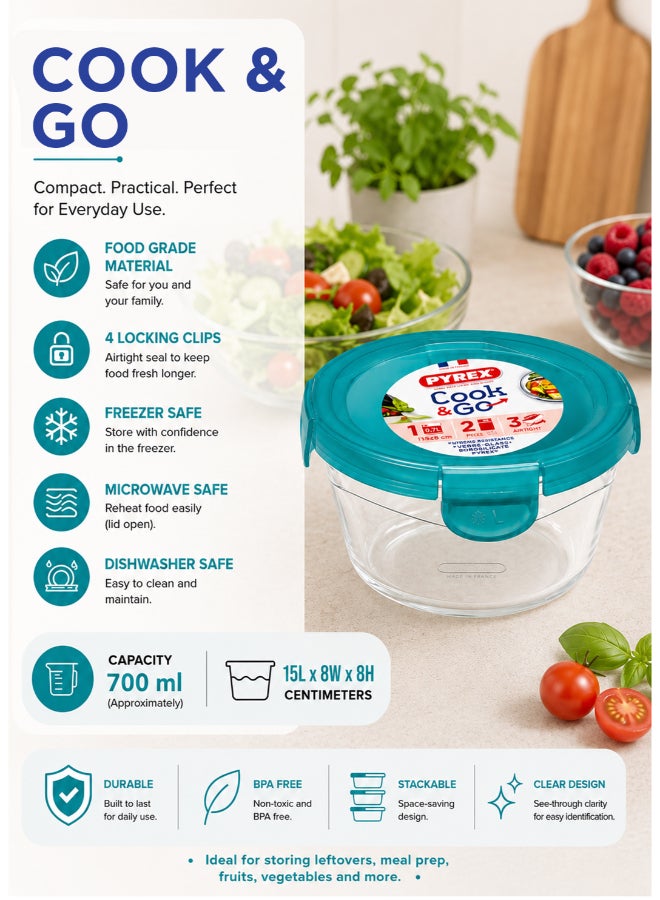 بيريكس Pyrex Cook&Go 0.7L Round Glass Food Storage Container with Airtight Lid, Borosilicate Glass Meal Prep Dish, Freezer to Oven Safe, Stackable Food Storage Solution - Image 3