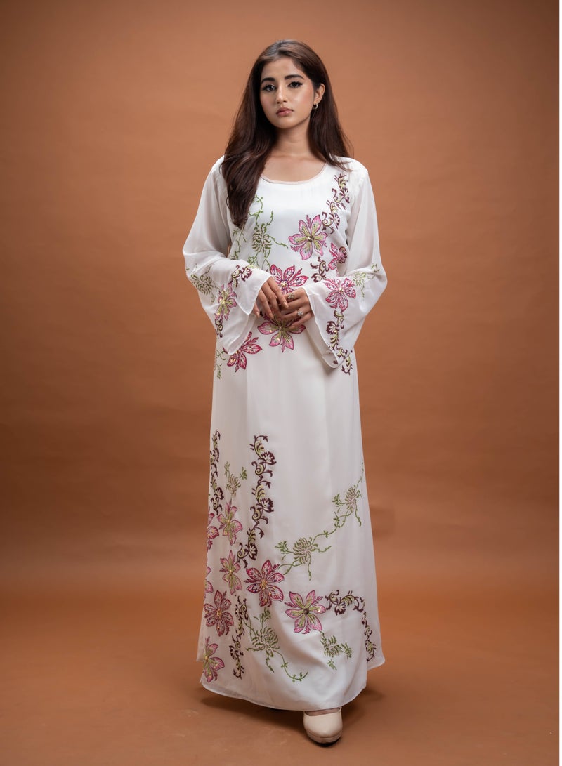 AINSIABI Hana White Embroidered Kaftan for Women – Modest Long Maxi Dress | Floral Islamic Gown for Eid & Ramadan | Arabic Style Muslim Clothing for Ladies - Image 1