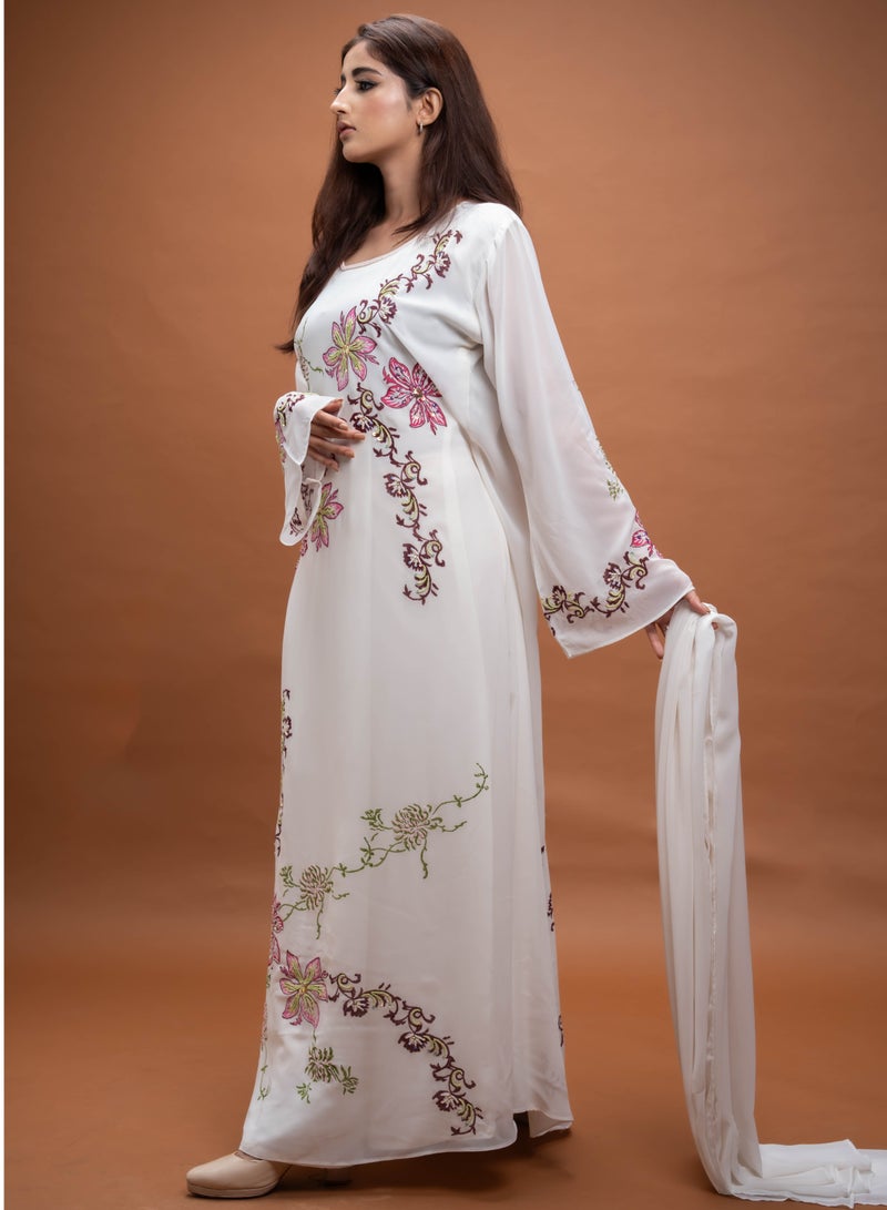 AINSIABI Hana White Embroidered Kaftan for Women – Modest Long Maxi Dress | Floral Islamic Gown for Eid & Ramadan | Arabic Style Muslim Clothing for Ladies - Image 2