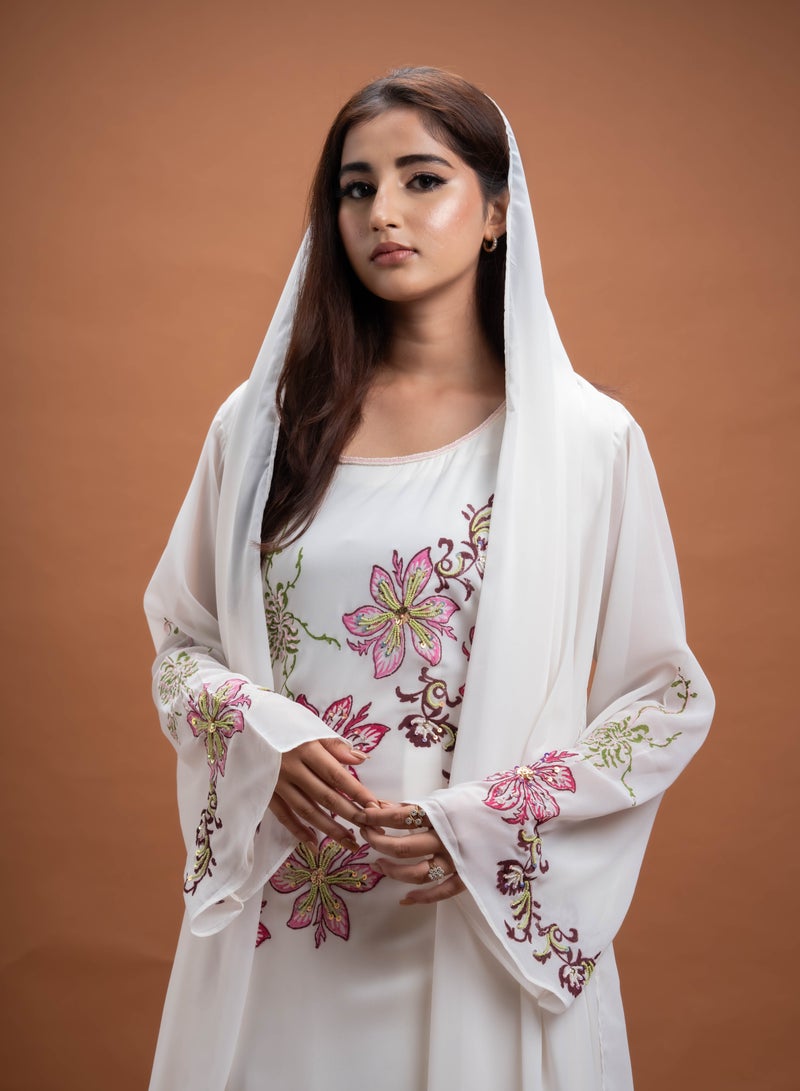 AINSIABI Hana White Embroidered Kaftan for Women – Modest Long Maxi Dress | Floral Islamic Gown for Eid & Ramadan | Arabic Style Muslim Clothing for Ladies - Image 3